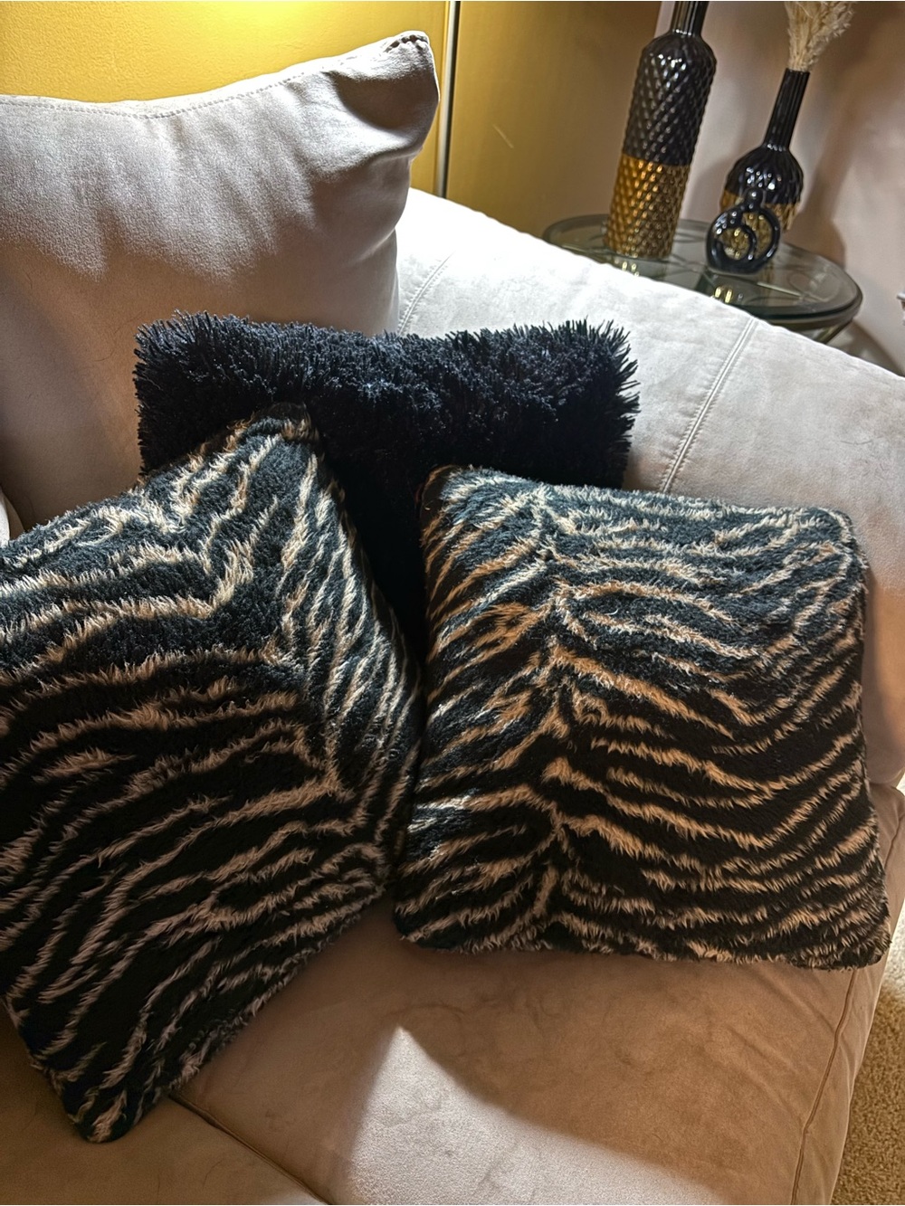Faux Fur Zebra Print Throw Pillows - Black & Cream (Set of 2)
